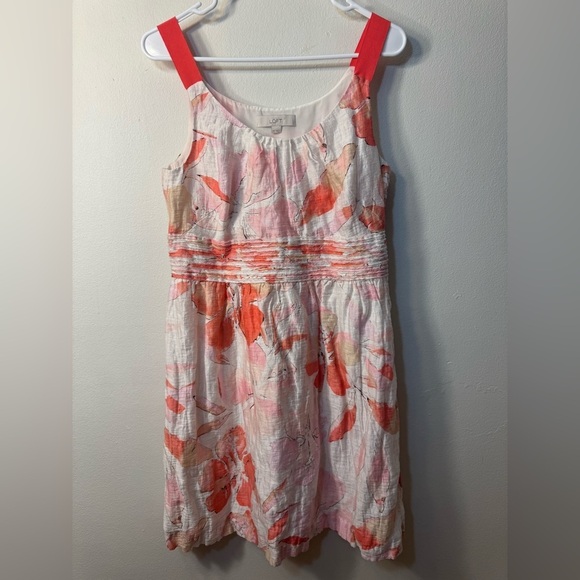 LOFT Dresses & Skirts - LOFT Pink and Orange Floral Watercolor Linen Blend Sleeveless Dress Size 10